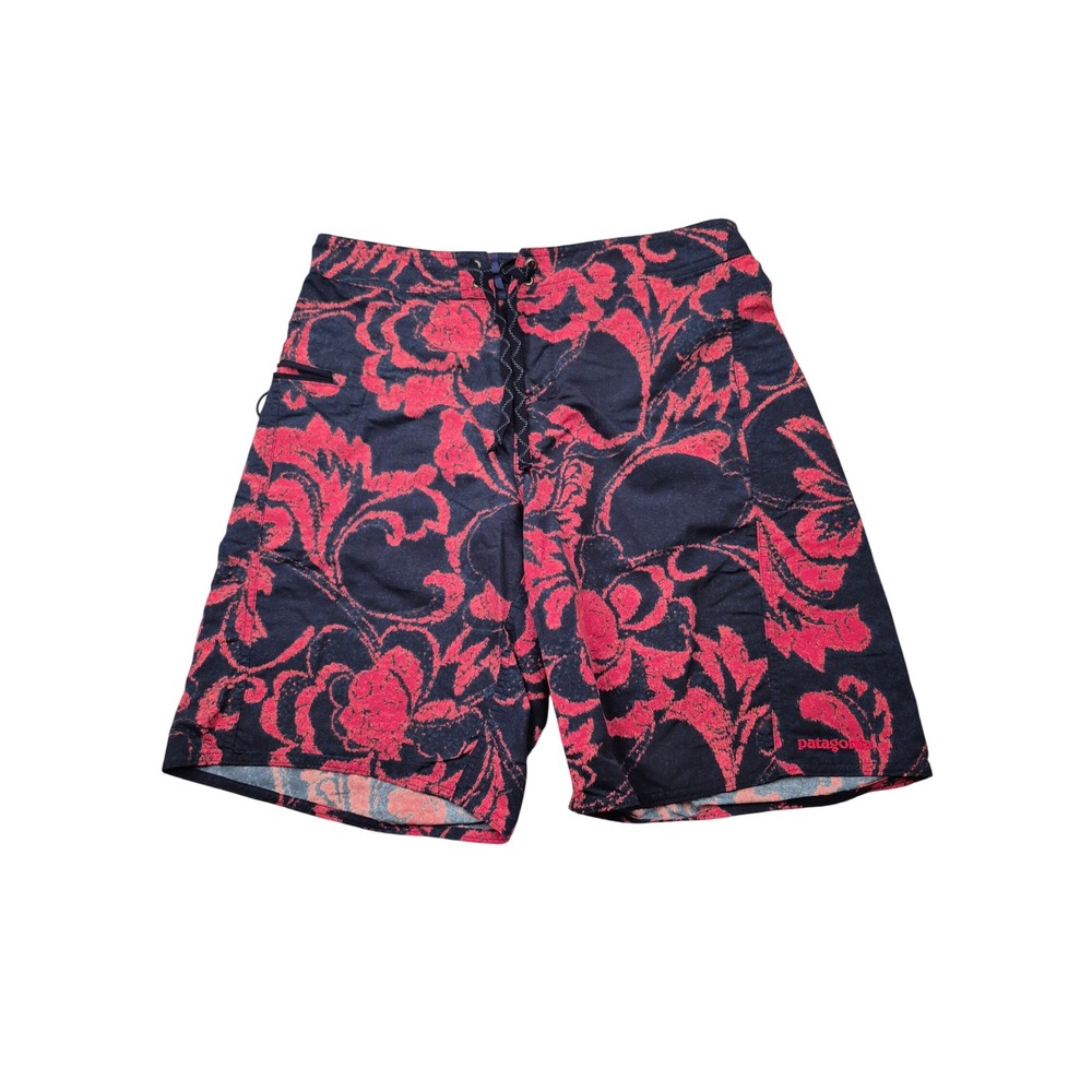 Patagonia Mens 32 Board Shorts Navy Pink Floral Print Swim Trunks Zipper Pocket